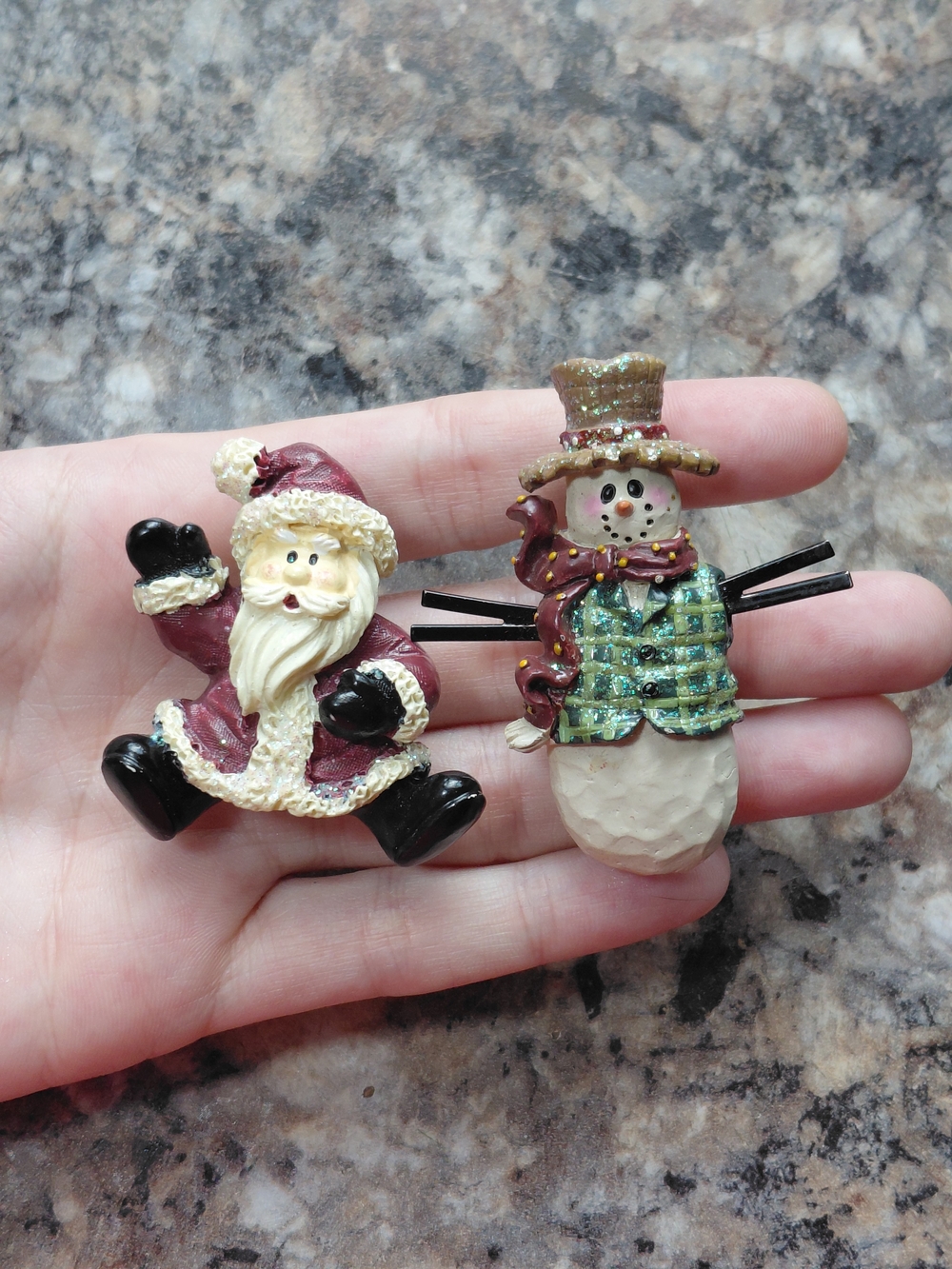 Set of 2 Snowman and Santa Claus Christmas Holiday Season Vintage Brooch Pins